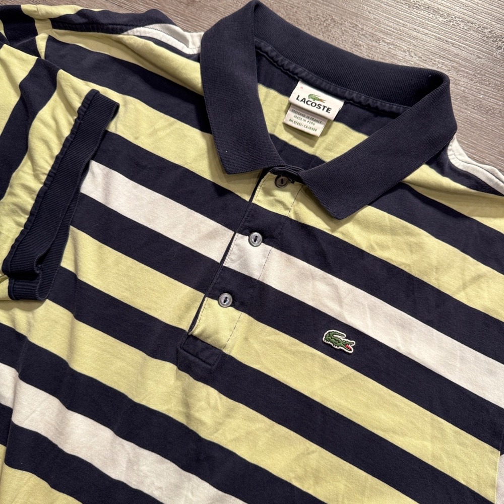Lacoste Polo Shirt Mens 9 4XL Blue Lime Green Striped Cotton Pique Preppy Rugby